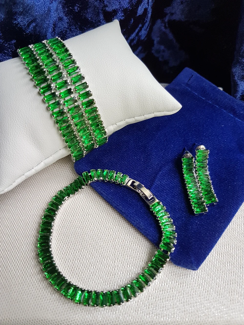 Swarovski Elements Gold Emerald Green Emerald-cut Baguette Tennis Earrings NEW